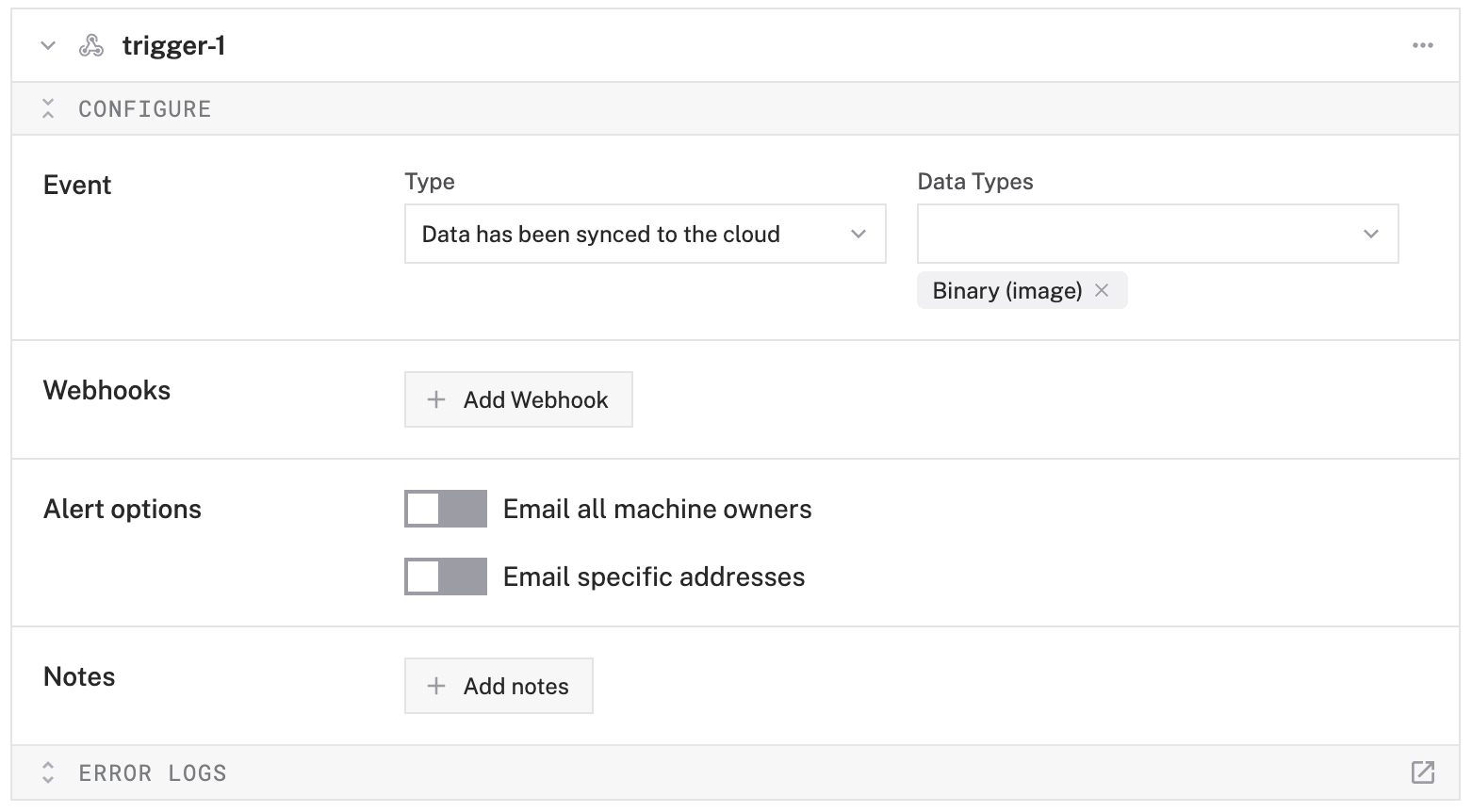 The trigger configured with 'Data has been synced to the cloud' as the type and 'Binary (image)' as the data type.
